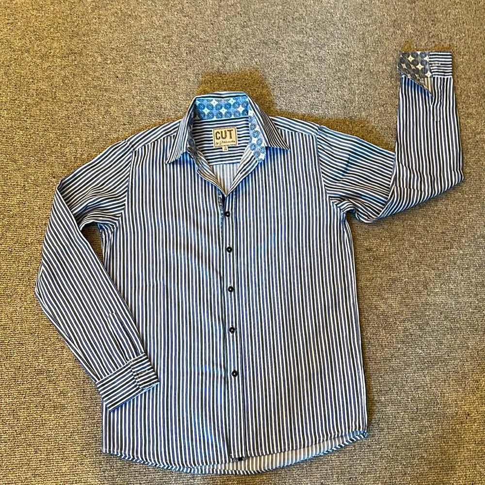 CUT BY 2 BLONDES BLUE, BLACK AND WHITE STRIPED BOYS XL(20) COTTON SHIRT
